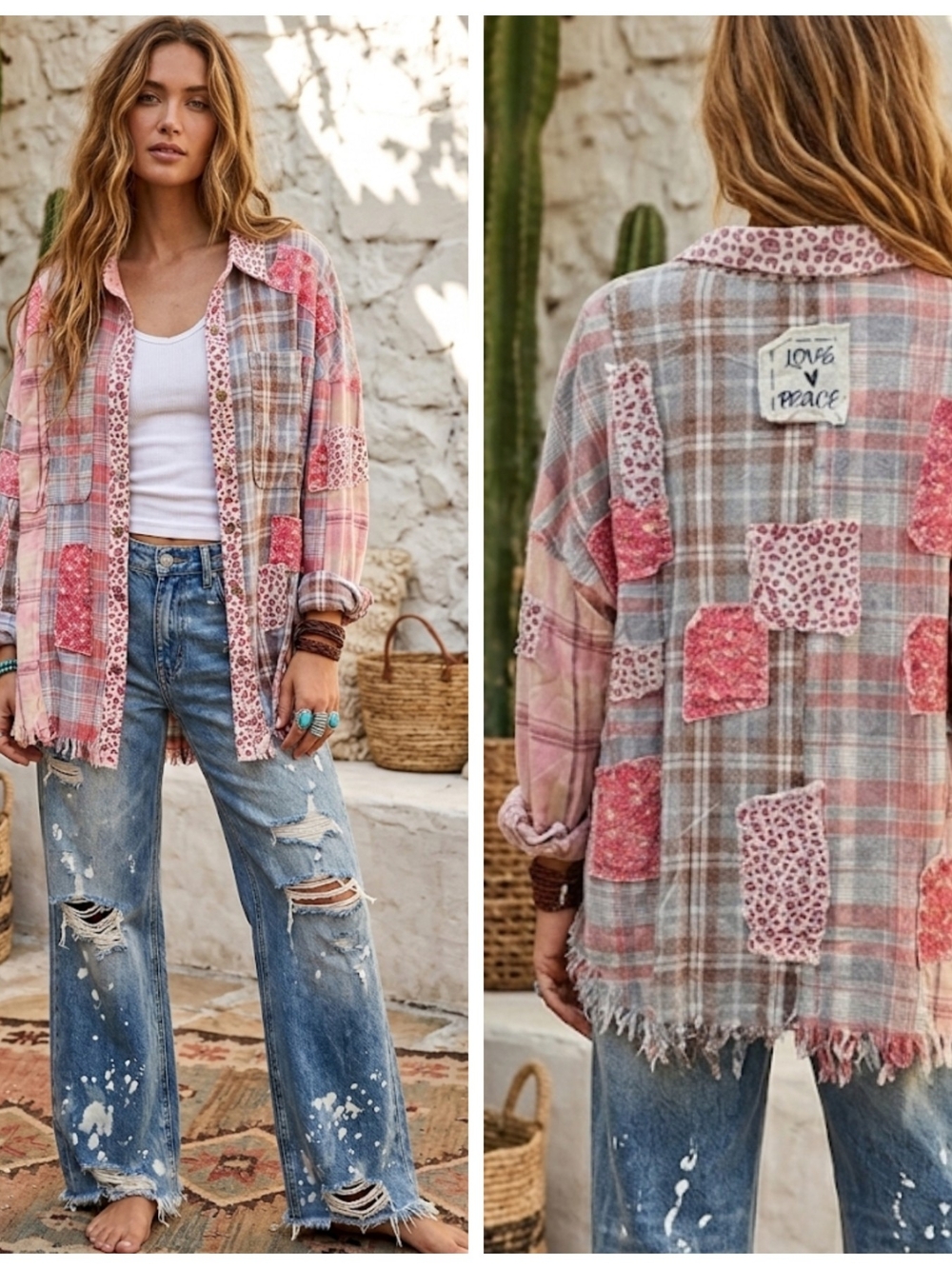 Patchwork Pink Plaid Patchwork Button-Up Shirt Jacket Distressed